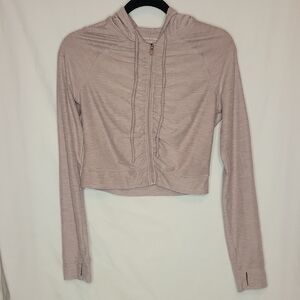 Cream and Tan Cropped Ruched Hoodie with Long Sleeves
